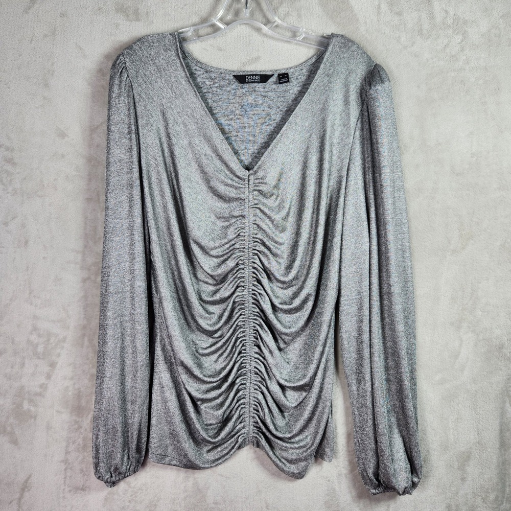 Dennis‎ Basso Knit Lame Top Womens XL Opal Grey Ruching Blouson Sleeves A672930